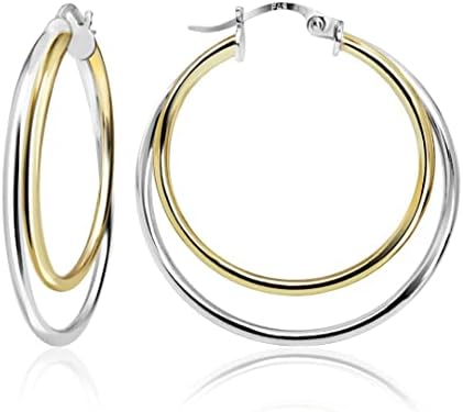 Sterling Silver Two-Tone Double Circle Round-Tube Polished Hoop Earrings, 30mm