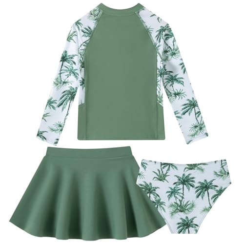6-7 Years Little Girls 3 Piece Rash Guard Swimsuit Set UPF50+ Sun Protection Green Palm Tree Print Long Sleeve Bathing Suit Kids Beach Pool Swimwear — view 2