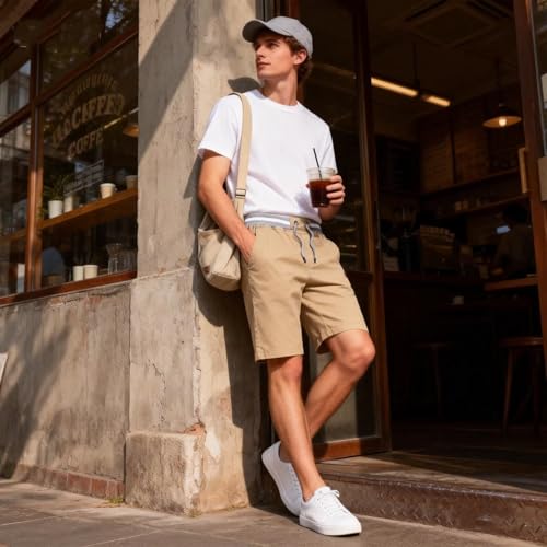 PrimeCrest Męskie Szorty Bawełniane Codzienne Bermudy Letnie Szorty Chino Kieszeniami Wypoczynkowe Eleganckie lekkie Elastyczna Talia Do Kolan Smukły Krój Ze Wygodne Khaki L