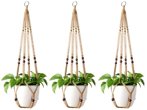 Mkono Macrame Plant Hanger Indoor Hanging Planter Basket with Wood Beads Decorative Flower Pot Holder No Tassels for Indoor Outdoor Boho Home Decor 35 Inch, Brown, Set of 3 (POTS NOT Included)