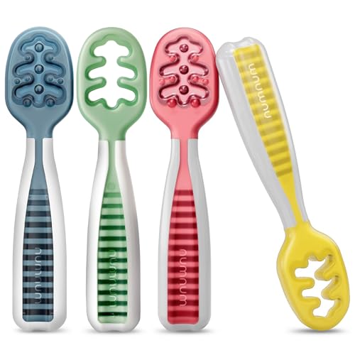Image of NumNum Baby Spoons Set, Baby Essentials Pre-Spoon GOOtensils for 6+ Months, First Stage Self-Feeding Spoons for Baby Led Weaning (BLW), Silicone Toddler Utensils, BPA-Free, 4 Pack Classic Colors
