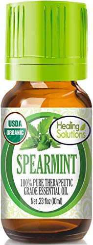 Healing Solutions Organic Spearmint Essential Oil 0.33 oz (10 ml), Undiluted, Pure, Therapeutic Grade for Skin, Diffuser & Aromatherapy - Spearmint Oil