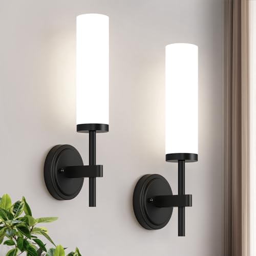Image of MOKATNG [Hardwired] Wall Sconces Set of Two, Matte Black Bathroom Sconces with Milky White Glass, Modern Wall Light Fixtures for Bathroom Mirror Vanity, Living Room, Hallway, Stairway, Cabinet, Foyer
