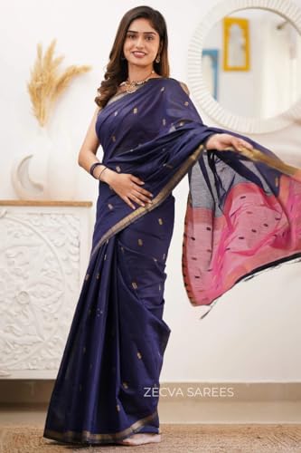 Image of ZECVA Women's Pure Soft Spun Cotton Lichi Silk Saree For Women With Attach Unstitch Blouse Piece