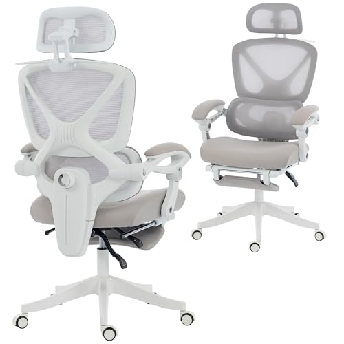 HOMCOM Silla de Escritorio de Malla Silla de Oficina Reclinable con Reposacabezas Soporte Lumbar Reposapiés y Altura Regulable Función de Basculante Carga 120 kg Gris Claro