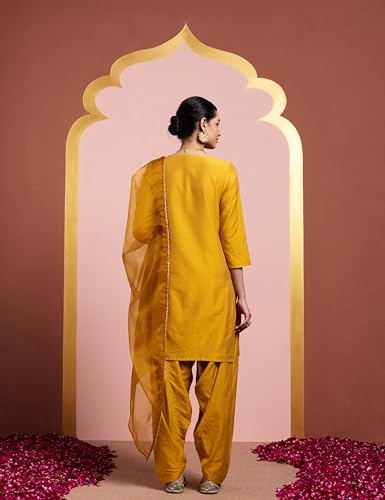 Image of Amazon Brand - Myx Women's Straight Embroidered Farsi Kurta Set with Organza Dupatta | Dhoti Pants (Available in Plus Sizes)