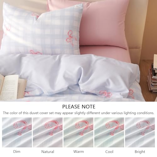 Image of Girls Duvet Cover Set Full Size Pink Bowknot and Blue Gingham Printed Design,Cozy Bedding Set 3pcs Simple and Elegant Style,Microfiber Comforter Cover with Zipper Closure and 2 Pillowcases