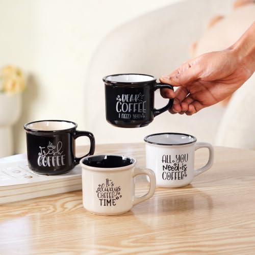 Image of Nestasia Ceramic Stackable Cups Set of 4 (170ml Each) - Quirky Quotes Tea & Coffee Cups with Glossy Finish | Microwave & Dishwasher Safe Mugs - Ideal for Gifting (Black & White)