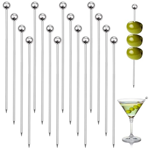 16PCS Cocktail Picks, Reusable Stainless Steel Toothpicks Martini Olive Skewers, Upgrade Metal Drinks Skewers Garnish Sticks