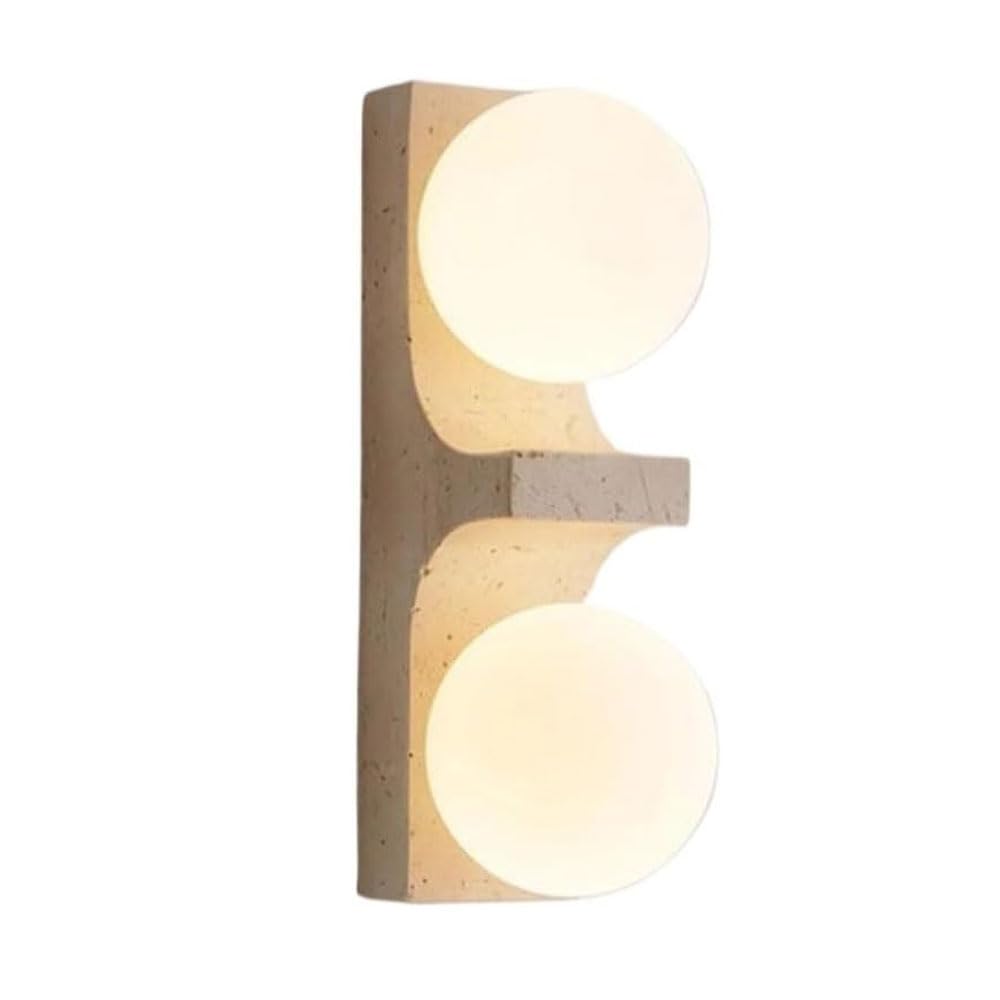 JISHUBO Wabi Sabi Style Wall Light, Natural Yellow Travertine Wall Lamp, G4 Light Source Double Head Spherical Glass Lampshade Wall Sconce, Restaurant Bedroom Living Room Wall Mounted Lighting Fixture