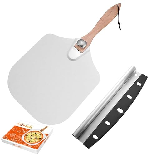 Pizza Peel, 12 x 14 Inch Aluminium Pizza Peel with Foldable Wood Handle and Pizza Cutter 35cm Pizza Rocker Cutter Pizza Peel Set Perfect for Baking Pizza, Breads, Cookies and Pies