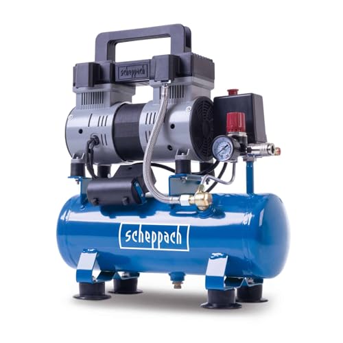 Scheppach HC08Si Ultra Silent Kompressor klein | 8bar | 6L Kessel | 1,5PS / 1100W | ölfrei & wartungsarm | Ansaugleistung 162 L/min | Leise Kompressor mit 67,4 db(A) | Druckminderer & Schnellkupplung