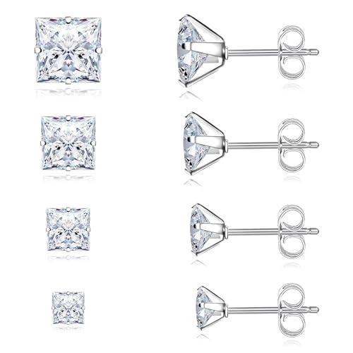 4 Pairs Stainless Steel Earrings, Square Stud Earrings for Men and Women, Hypoallergenic Cubic Zirconia Earing Set Lab-Diamond Princess Cut Jewelry Aretes De Hombre