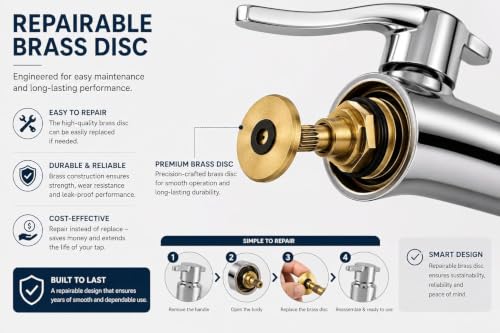 Image of Furiq Bath Spoon Stainless Steel Long Heavy Body Tap for Bathroom & Kitchen Taps with Brass Disk Chrome Finish and Quarter Turn Fitting Wall Flange and Teflon Tape