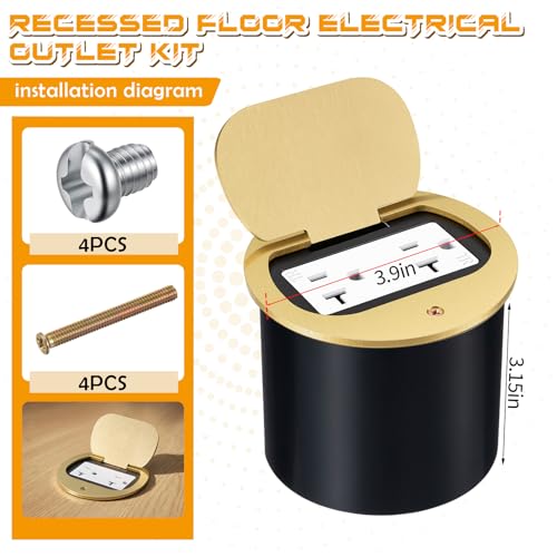 Image of Round Brass Recessed Floor Outlet Box, UL Listed Low Profile Hidden Flip-up Floor Outlet, 20A Tamper Resistant Receptacle with Watertight Gasket for Living Room, Office, Conference Room
