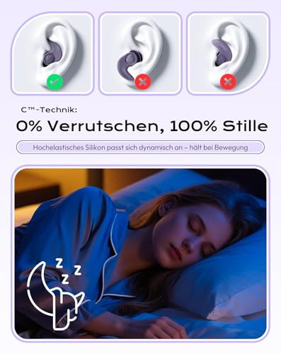 Ohrstöpsel zum Schlafen Gegen Schnarchen & Lärm - Ohrstöpsel Schwimmen Rutschfester Sitz für Seitenschläfer, Schwimmen und Sport - Ideal für Reisen, Büro und Bewegung Lila
