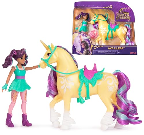 Unicorn Academy AVA und Einhorn Leaf Set - ca. 12 cm groĂźe Originalfiguren zur beliebten Netflix Serie mit Zwei Accessoires und HaarbĂĽrste fĂĽr fantasievolles Rollenspiel, fĂĽr Kinder ab 4 Jahren