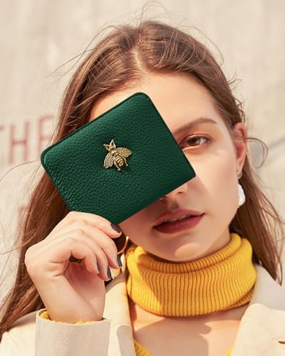 Image of Bistup Leather 12 Slot Accordion Card Holder Wallet, Green Bee | Accordion Storage, Zipper Around Closure, Compact Patterned Wallet for IDs, Cards, Cash, Daily Carry and Gifts