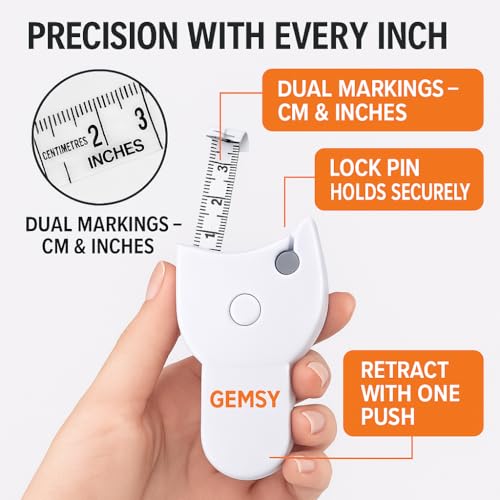 Image of Gemsy Retractable Body Measuring Tape 150 cm (60 inch) with Lock Pin & Push Button - Fiberglass Inch Tape for Body Fat Tracking, Weight Loss, Fitness, Tailoring & Sewing