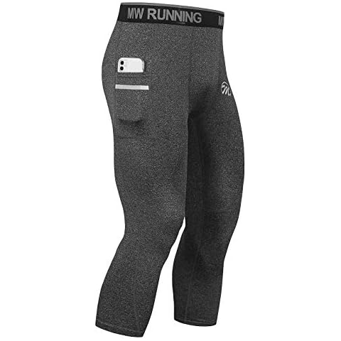 MEETWEE Men's Compression Leggings 3/4, Running Tights Cool Dry Sports Pants with Pockets Base Layer Bottom for Workout Training Jogging Cover