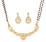 Touchstone Indian Bollywood Style Black Beads Ethnic White Rhinestones Pretty Designer Jewelry Mangalsutra Set in Gold Tone for Women.