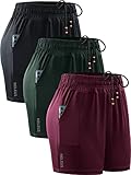 NELEUS Women's 4 Inches Running Shorts Workout Athletic Short for Yoga with Pocket,9066,Black/Red/Blackish Green,3 Pack,Medium