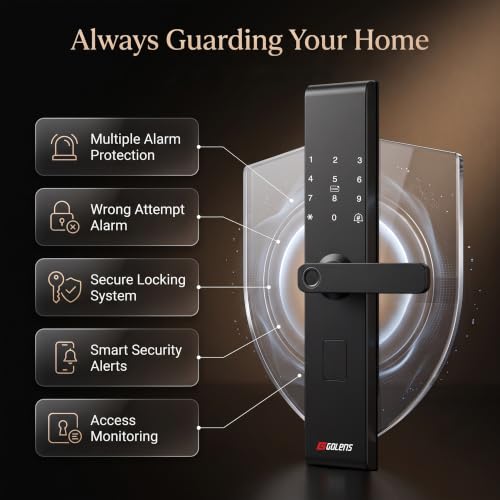Image of Golens X132 Smart Door Lock for Main Door, Fingerprint, Password, RFID Card, WiFi & Key Unlock, Digital Door Lock for Wooden & Steel Doors, Slim Handle with Security Alarm, Emergency USB Backup