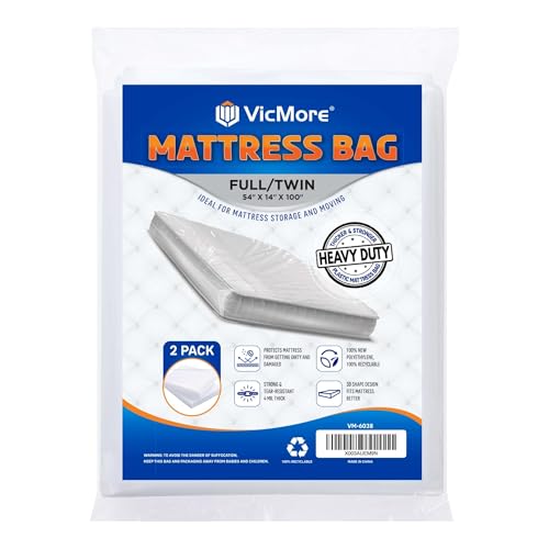 VICMORE Heavy Duty Mattress Bags 2-Pack - 4 Mil Plastic Covers for Moving & Storage, Waterproof, Tear-Resistant Protector Fits Twin XL/Full XL Mattress & Box Spring (Odorless, Recyclable)
