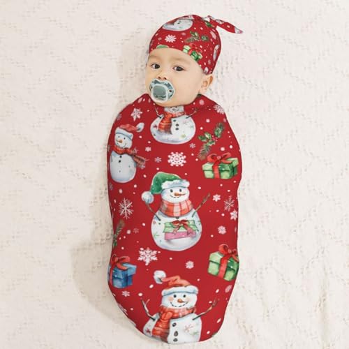 Image of Red Christmas Snowman Swaddle Blanket with Beanie Hat Set Newborn Swaddle Wrap Soft Baby Receiving Blankets Baby Swaddle Blanket for Baby Boys and Girls