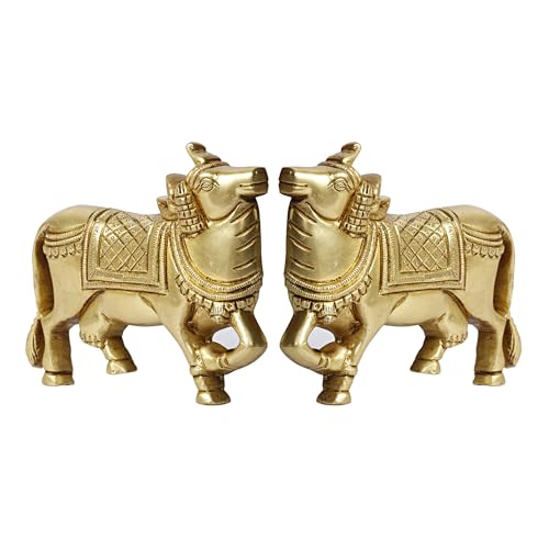 Image of Brass Cow Wall Hanging Vastu Gau MATA Idol, Kamdhenu Cow Pair Nandi (Gold Color 5x4 Inch)