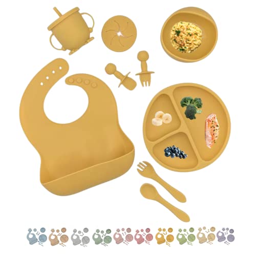 Baby Led Weaning 10 Piece Feeding Eating Supplies | Strong Suction Plate Silicone Cup Snack Lid Drink Lid with Straw Silicone Suction Bowl Bib Spoons Forks Baby Tableware Set 6MonthsToToddler (Mango)