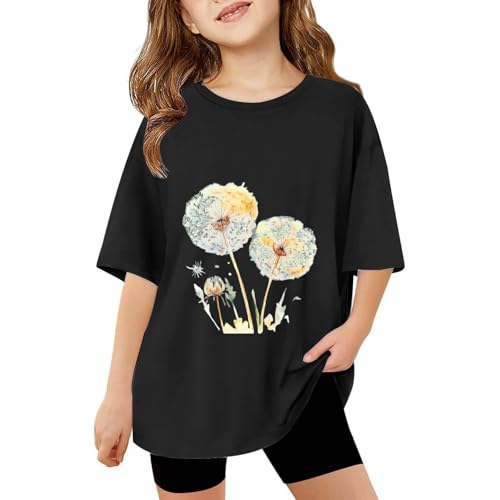 Girls Toddler Short Sleeve Blouse Floral Dandelion Print Graphic T-Shirt Loose Fit Crew Neck Summer Casual Tops for Kids
