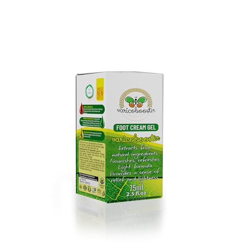 VARICOBOOSTER Gel-Crema para pies 75ml, más de 25 ingredientes cuidadosamente seleccionados, nueva fórmula mejorada a base de componentes naturales, con botella Airless innovadora