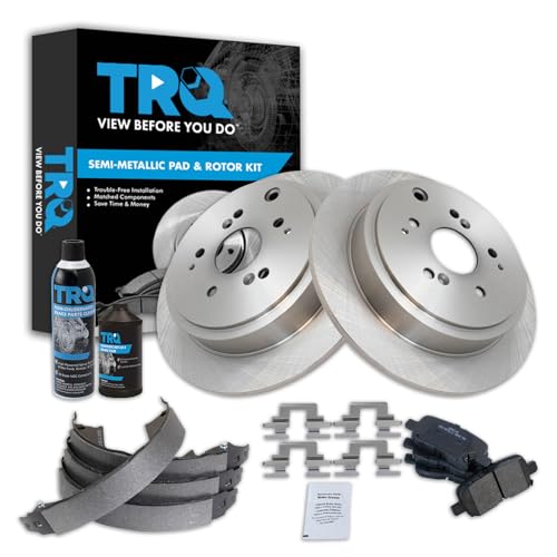 Image of TRQ Rear Brake Pad & Rotor Kit, with Chemical Kit Parking Brake Shoe Set Semi-Metallic Compatible with 2003-2008 Honda Pilot