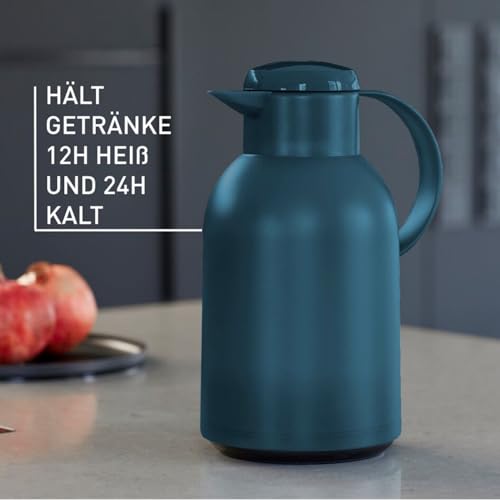 Emsa Samba Isolierkanne, 1,5 Liter Fassungsvermögen, Quick Press Verschluss, 100% dicht, 12h heiß und 24h kalt, mit Glaskolben, made in Germany, Transluzent/Ozeanblau, N4012000 3