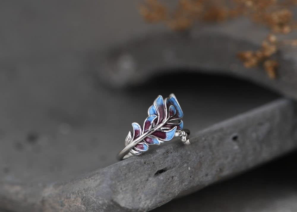 HGJH Silberringe Damen 925,S925 Sterling Silber Cloisonne Pfauenfeder Ring Verstellbare Ringe Retro Zeigefinger Ring Silber Ewigkeitsring Hochzeit Charme Schmuck Geschenke Für Männer Mädchen Damen