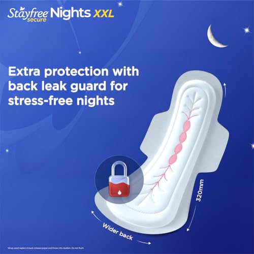 Image of Stayfree Secure Night Ultra Comfort Sanitary Pads - XXL Wings, 18 Pads (Pack of 2) | Overnight Protection | Leak-Lock Technology