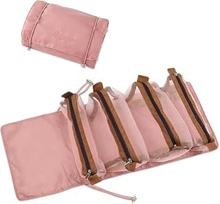 شنطة مكياج رول اند جو مع 4 منظمات قابلة للإزالة من مادة الساتان الناعمة، مناسبة لأدوات المكياج والاكسسوارات أثناء السفر