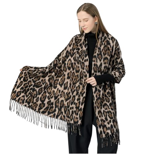 Women Fashion Leopard Pashmina Winter Cashmere Scarf Soft Long Double-sided Style Tassels Oversize Warm Shawl Scarves Wraps