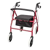 HOBBYZOO 4 Wheel Walker with Padded Seat and Back, Foldable and Height Adjustable Rollator, Iron and Nylon Walker for Seniors and Disabled, Red & Black