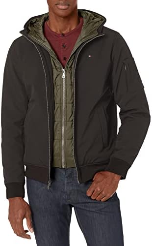 Tommy Hilfiger mens Soft Shell Active Filled Bomber Windbreaker Jacket, Black/Olive Bib, Small US