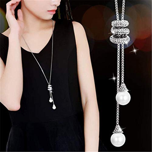 Wensltd Clearance! Women's Luxury Crystal Pearls Pendant Necklace Sweater Chains (Silver)