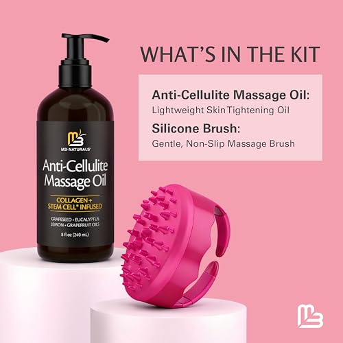 Image of Anti Cellulite Massage Oil and Silicone Body Brush - Collagen and Stem Cell Skin Tightening Formula for Smoothing and Firming, 8 fl oz by M3