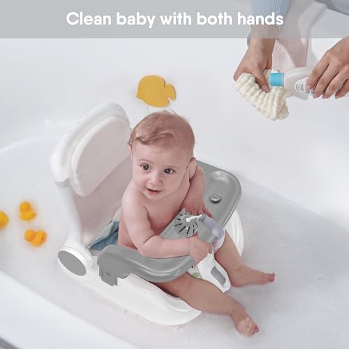 Obee Odee Baby Bath Seat with Sitting & Lying 2 Modes, 3-Speed Adjustment, Powerful Suction Cups, Infant Bathtub Chair with Washable Pillow, Folding and Hanging(Light Grey)