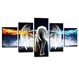 5 Panels Fire and Ice Sexy Angel Canvas Wall Art Abstract Girl with Wing Wall Art Painting Fashion Angel Home Posters with Wooden Frame for Living Room Bedroom Decor - 60''W x 32''H