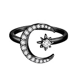 beautlace Star and Moon Adjustable Rings Black Gun Plated Crescent Moon Stars Open Ring Jewelry for Women KR0032K
