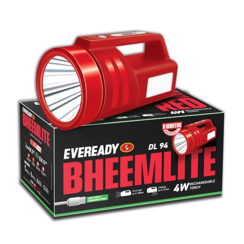 Image of Eveready Bheemlite DL94, 4W Rechargeable LED Torch & 4W Sidelight, USB Type-C Fast Charging, 4 Light Modes, Overcharge & Deep Discharge Protection, Shoulder Strap Included, Powered by Li-ion Battery
