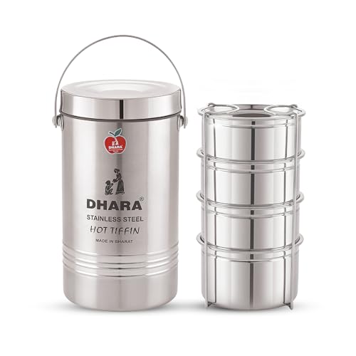 Image of Dhara Stainless Steel Insulated Tiffin Carrier 4 Container Lunch Box 1300ml, Leak Proof Steel Compartment Tiffin with Handle for Office & Travel