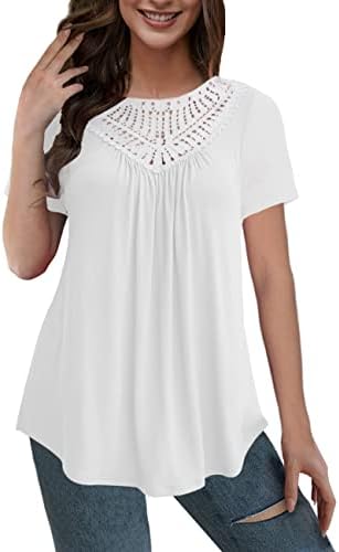 AAMILIFE Women’s Plus size Tops Short Sleeve Shirts Lace Pleated Tunic Causal Tee Blouses M-4XL