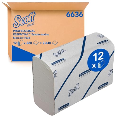 Scott Essential Hand Towels, Narrow Fold White Paper Towels for Bathroom, Soft, Strong, Eco-Friendly, Highly Absorbent, 12 Clips x 220 N-Fold Paper Sheets (2,640 Sheets Total), model nr. 6636
